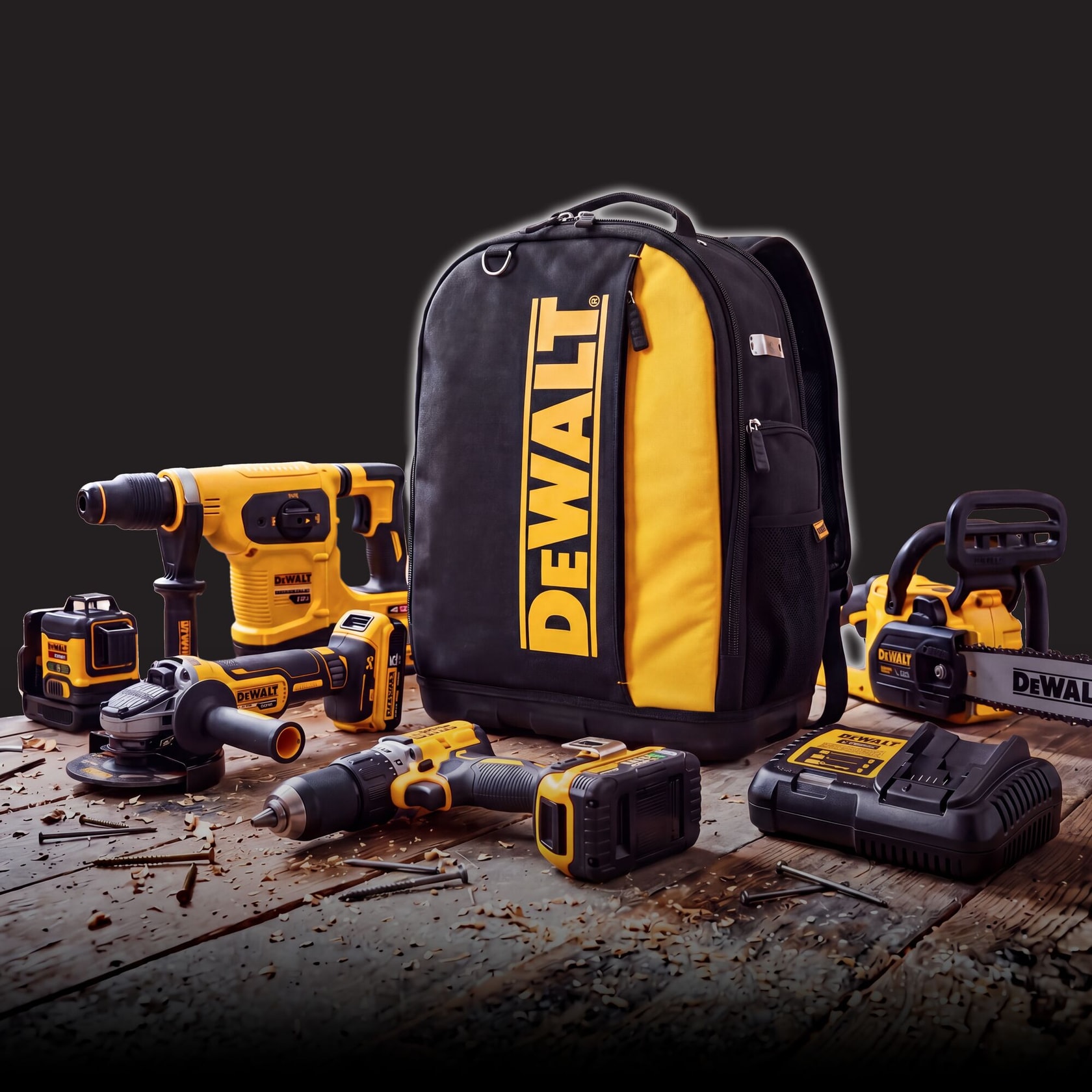 Set de herramientas DEWALT con mochila, taladro, sierra, cargador y accesorios sobre madera.